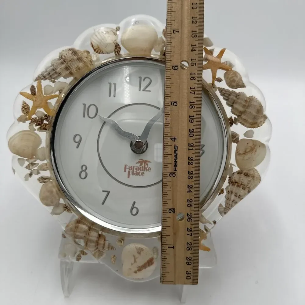 Shell Shaped Lucite Clock Embedded Seashell Wall Hanging Paradise Place